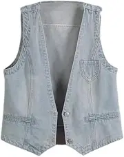 [OFFSUM] Women'S Denim Vest - Spring Summer V-Neck Single Breasted Sleeveless Waistcoat Solid Color Large Size Front Button Outdoor Jacket Top