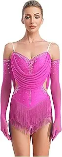 [Sinleey] Womens Rhinestones Ruched Bodysuit Fringe Tassel Tango Rumba Salsa Latin Dance Leotard With Gloves