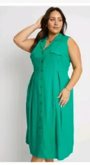 BEME 16 RRP $89 Plus Midi Dress Green Summer Casual Linen Shirt