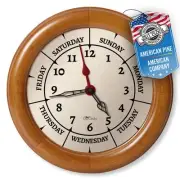 Time & Week-Day Wall Clock with Solid Wood Frame – Weekly Analog Clock with D...