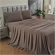 Jersey Cotton Queen Bed Sheets Breathable Ultra Soft Cotton Jersey Sheets Queen Comfy All Season 4pcs Stretchy Knit t Shirt Fitted Jersey Sheet Set Queen Bed (Coffee Marle, Queen)