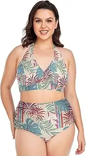 [Caihoyu] Extended Size Bikini for Women Tummy Control Bathing Suits High Waisted Bikini Swimwear Colorful Tropical Plant Leaves L