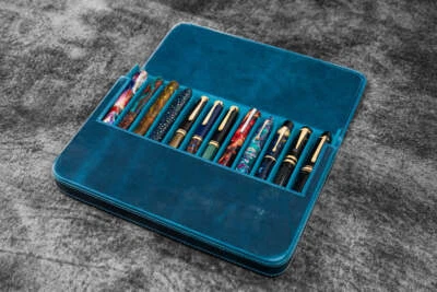 Galen Leather Magnum Opus 12 Slots Hard Pen Case in Crazy Horse Ocean Blue - NEW