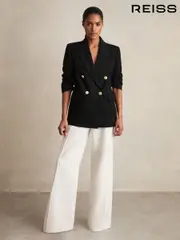 Reiss Black Eden Oversized Double-Breasted Blazer Linen-Blend (F96455) | $610