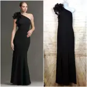 Aidan Mattox Gown Womens 6 Black One Shoulder Organza Sleeve Mermaid Evening NWT