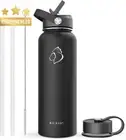 Double Wall Stainless Steel Sports Water Bottle 1180ml Straw Lid BPA-Free Black