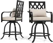 YITAHOME Metal Outdoor Bar Stools Set of 2, Heavy Duty Patio Bar Stools w/Max Bearing 352 Lbs, E-Coated Outdoor Swivel Bar Stools w/Cushion & Pillow for All Weather Deck Poolside, Candy Back,Ivory