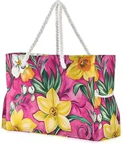 [Yoogain] Fall Flowers flower Hot Pink Sandproof Carry On Tote with side pocketes Weekender Bag Women for beach&work, Fall Flowers Flower Hot Pink, 1 size