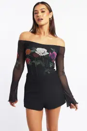 Black Floral Off Shoulder Top Mesh - Size 12M, Women's Top