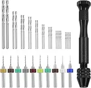 Swpeet 36 Pieces Hand Drill Bits Set Include Pin Vise Hand Drill, 25 Pieces Twist Drills and 10 Pieces Mini Drills Assortment Kit, PCB Woodworking Hand Mini Drill for Resin (0.3-1.2mm Color Bits)