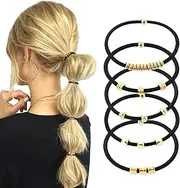 PEOVLVN 5 Pcs Hair Tie Bracelets for Women, Boho No Damage Elastic Ponytail Holders With Bead, Cute Bracelet Bands for Women Girls Hair Accessories (Black)