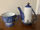 Bombay Company ARABESQUE TILE Blue & White Platinum Trim INDIVIDUAL TEAPOT & CUP