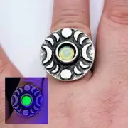 Moon Phase Uranium Glass Ring Brushed Silver Tone Adjustable Sizes 7-9