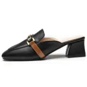 Muller Shoes Casual Soft Leather Slippers Women Outer Wear Square Toe Thick H...