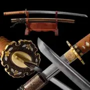Battle Japanese Samurai Long Sword Folded Steel Katana Saber Brown Gold Flower