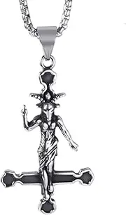 [Elfasio] Men Stainless Steel Pendant Necklace Satanic Satan Leviathan Cross Demon Devil Lucifer Sulfur Symbol Both Sided Pendants