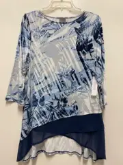 NWT EASYWEAR CHICO'S Top-White/Blue Rayon 3/4 Sleeve Blue/Gray Leaf Size 1, 8-10