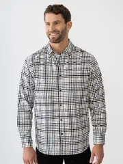 Long Sleeve Premium Micro Cord Shirt Grey Stone Khaki Check