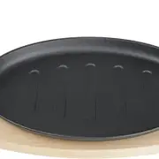 Steak Sizzle Plate Cast Iron Sizzling Platter Serving Plate Wooden Base + Handle