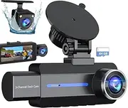3 Channel 2.5K Dash Cam, 1480P Dash Cam Front and Rear Inside, Dash Camera for Cars, Triple Car Camera with 64GB Card, G-Sensor, 24Hr Parking, 170°Wide Angle, Loop Recording, IR Night Vision
