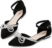 [Zelaprox] Women's Rhinestone Bow Pointed Toe Flats Ankle Strap Ballet Comfort Soft Slip On Flats Shoes