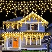 1Pcs LED Solar String Lights, 8 Modes Icicle Curtain Lights, Outdoor Fairy Lights for Christmas, Garden, Party Decoration (Warm White, 137.8inch 96LEDs)