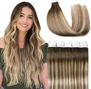 VINBAO Tape-In Extensions Real Hair Blonde Hair Extensions Tape in Dark Roots Brown and Blonde Highlights Remy Tape in Extensions 35 cm 20 Pieces 50 g Tape in 14 Inches #3/8/22