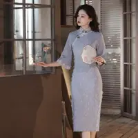 在飛比找momo購物網優惠-【米蘭精品】連身裙改良式旗袍(五分袖提花蕾絲鑲邊女裙子3色7