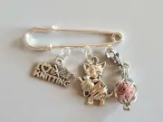 Handmade One Of A Kind safety pin brooch with cats, and crystal beads