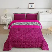 Manfei Pink Leopard Comforter Set Queen Size, Black White Zebra Print Bedding Set 3pcs for Kids Boys Girls Room Decor, Wild Animal Print Quilt Set Cheetah Print Duvet Set with 2 Pillowcases