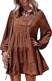 [KIRUNDO] Womens Spring Fall Long Sleeve Dresses Boho Floral Print Casual Tunic Ruffle Loose Maternity Swing Mini Dress(Leopard-Brown, Medium), Brown, Large