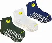 [Generic] Smiley Grip Socks 3-Pack – Cushioned for Pilates, Studio, Non-Slip Ankle Socks, Happy Face Design, Blue, Green, White