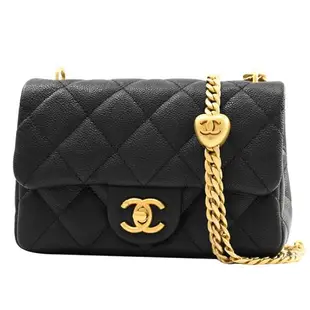 CHANEL AS3828 Mini Coco 經典雙C 愛心金球方胖鏈帶包.黑金 17cm