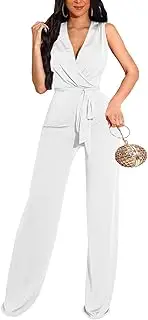 [ZonJie] Women's Summer Casual Jumpsuits Short Sleeve Button Up Cute Loose Drawstring Waist Wide Leg Jumpsuit Romper, 749bwhite, Large