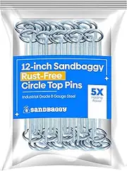 Sandbaggy 12-inch Circle Top Pins - Landscape Staples (Galvanized) - Garden Stakes for Landscaping, SOD - Heavy Duty Ground Stakes, Lawn Turf Spikes, Christmas Decorations, Weed Mats (50 Pins)
