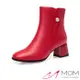 【MOM】短靴 粗跟短靴/真皮優雅珍珠釦造型粗跟短靴 紅