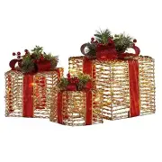 Swishmas Set Of 3 Christmas Gift Boxes With Lights - Champagne With Red Bows