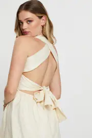 Beige Mini Dress Linen - Size 14, Women's Skater Dress