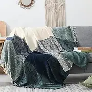 Boho Throw Blanket Couch Woven - Bohemian Blanket Tribal Blanket Softest Chenille Colorful Jacquard Blanket,Hippie Decor Bed Throws for Couch Cover Sofa Chair,60X75,Beige Navy