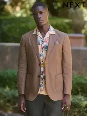 Brown Regular Fit Cotton Blend Blazer With Linen and Lyocell (E93121) | $155