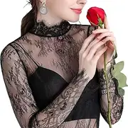 [WUODHTW] Women's Long Sleeve Mesh Top Mock Neck Sheer Blouse Lace Floral See Through Shirt Blouses Black lace Undershirt