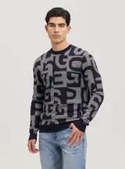 GUESS Eco Blue Denny Logo Knit Jumper Size: XL, Cotton