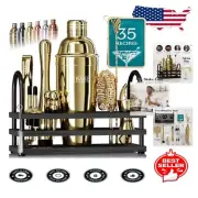 14-Piece Gold & Black Mixology Bartender Kit with Recipe Cards & Organizer