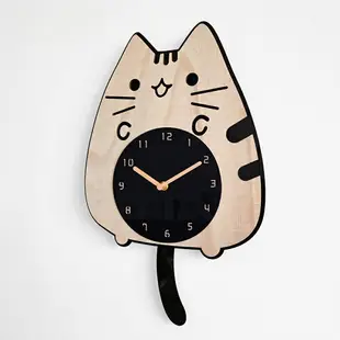 日式可愛貓咪木質掛鐘貓貓搖尾巴桐木掛鐘 卡通牆上靜音時鐘 房臥室創意鐘錶搖擺鍾 黑色有機玻璃指針式時鐘