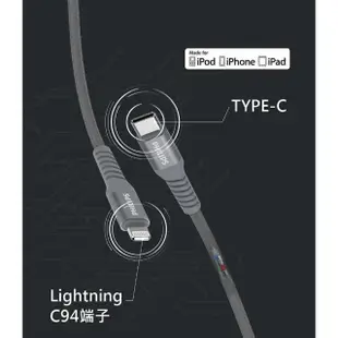 【Philips 飛利浦】USB-C to Lightning 200cm MFI編織手機充電線-灰(DLC4561V)