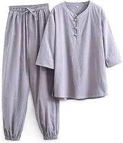 [NTWSHS] Chinese Clothing Unisex Cotton Linen Tai Chi Suit Kung Fu Clothing Martial Arts Suit, Tang Suit Short Sleeve Pants, Wing Chun Zen Meditation Uniform(Gray,XX-Large)