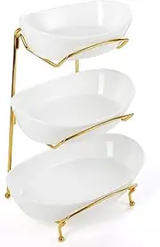 Yedio Fruit Bowls for Kitchen Counter, 3 Tier Ceramic Fruit Basket with Serving Bowls Metal Stand, Tiered White Porcelain Bowls for Fruit Vegetable Storage, Snack, Nuts, Cake, Dessert