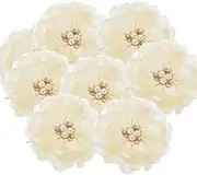 uxcell 3.15 Inch Chiffon Flowers, 10 Pcs Fabric Flowers Rhinestone Pearl Large Camellia Sewing Appliques for DIY Crafts Dresses Clothing Headbands Wedding Party Decoration, Beige White