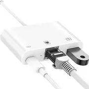 Lightning to RJ45 Ethernet Adapter, 3 in 1 USB to Lightning Adapter with Charging Port and RJ45 Ethernet Port Support USB Flash Drive (3 in 1 ETH USB 3 to Lightning Adapter)