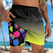Men's Fruit Pineapple Lined Shorts 2 in 1 Board Shorts Swim Shorts Mid Waist Hawaiian Vacation Holiday Beach Wear Side Pockets With Compression Liner Elastic D